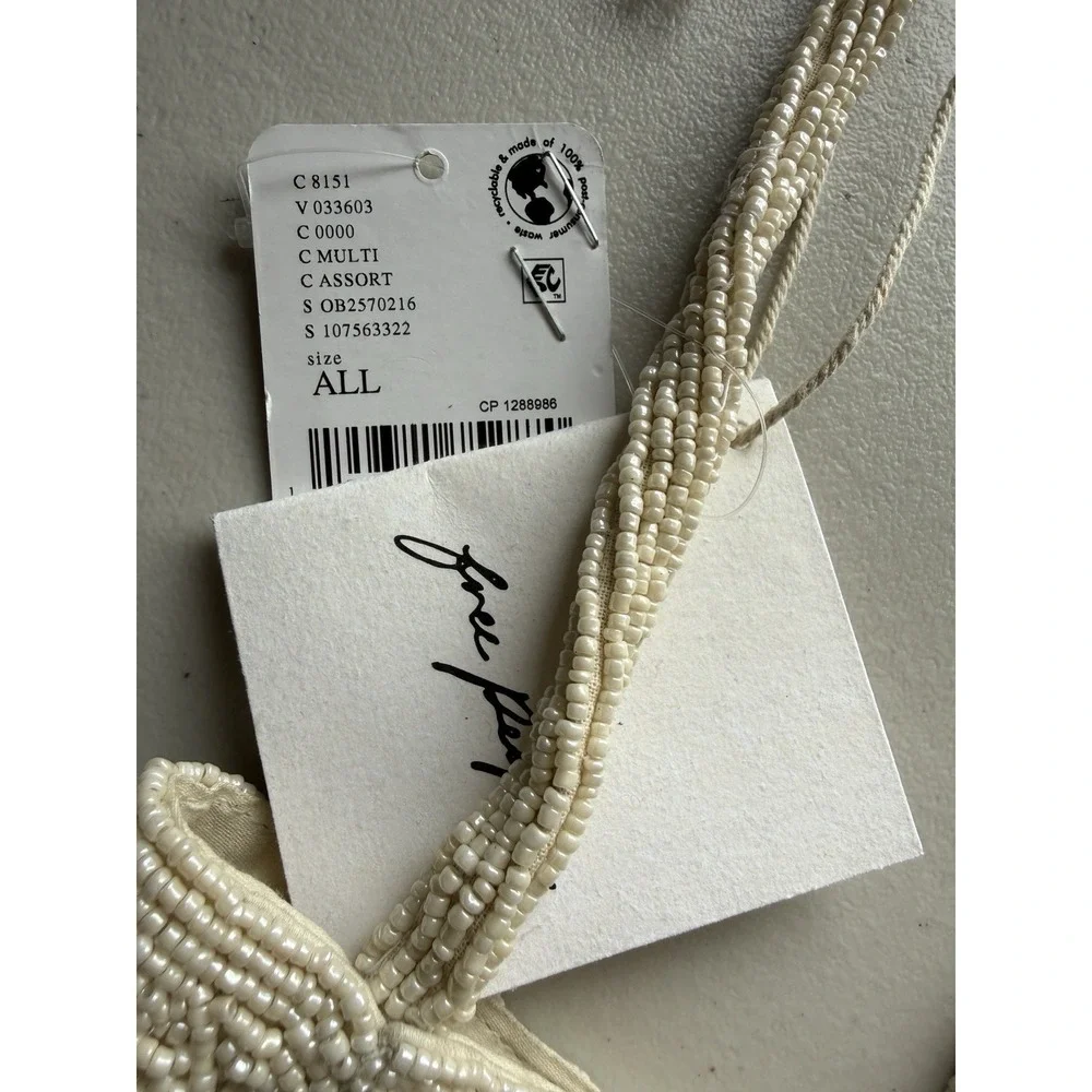 FREE PEOPLE Beaded Tassel Pouch NWT Green Ivory Drawstring Beaded Bag - Picture 11 of 13